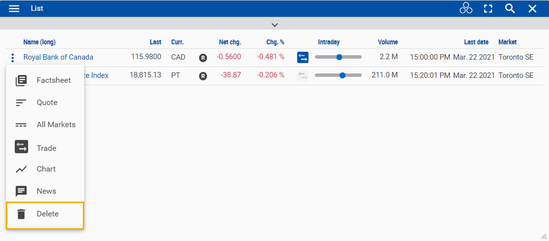 A security's quick menu in a List widget.